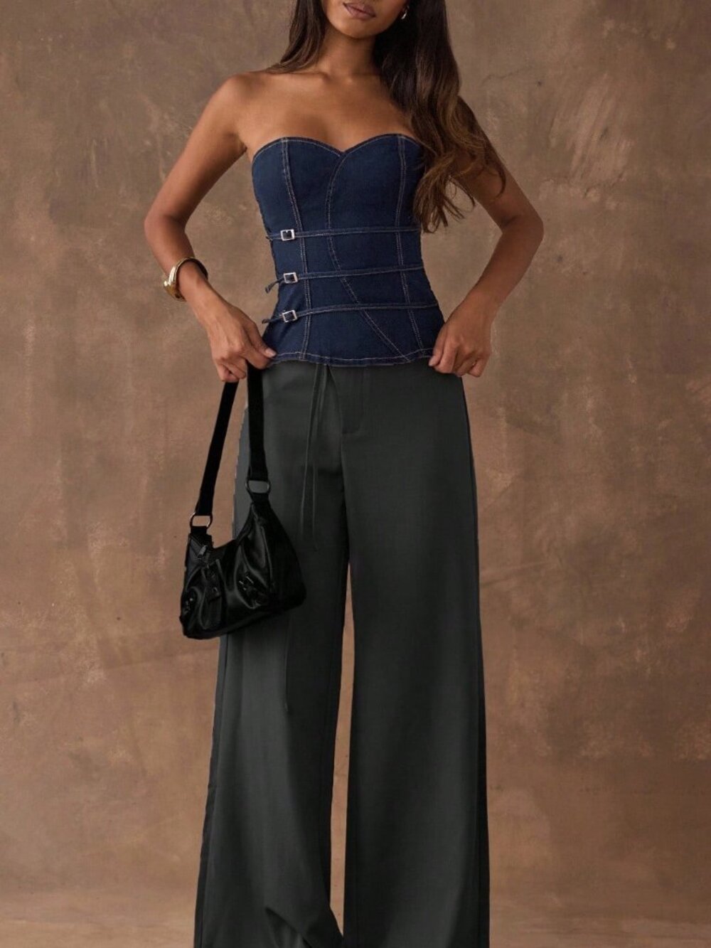 Dark Wash Casual Women's Buckle Design Fitted Denim Tube Top - Picture 6 of 6